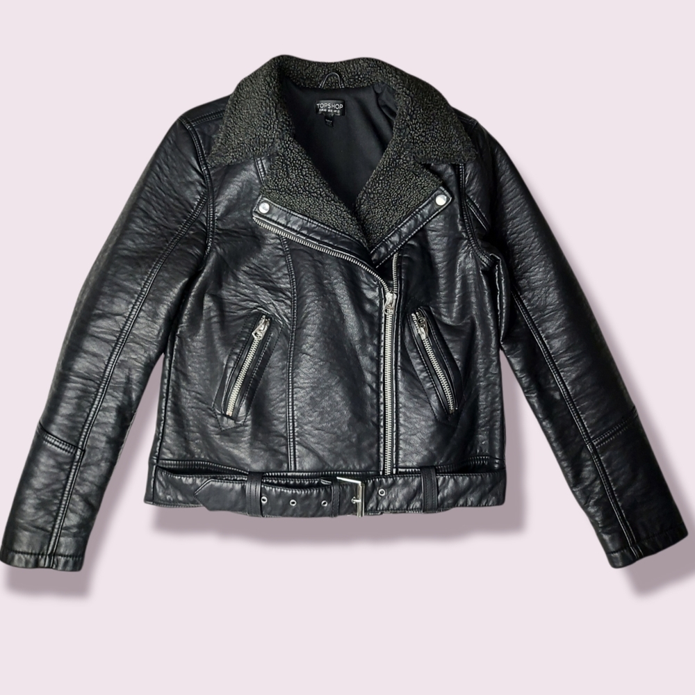Topshop Black Vegan Faux Leather Moto Biker Jacket Size 8
